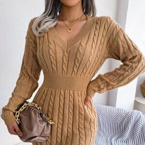 Cable-Knit V-Neck Mini Sweater Dress